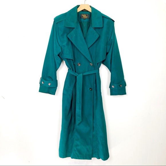 Vintage Jackets & Blazers - Vintage teal green trench coat spring jacket iridescent sheen belted 80s 90s
